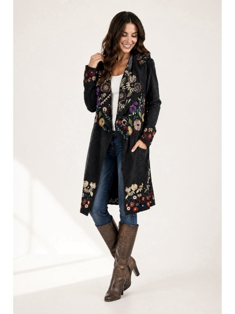 Johnny Was Biya Grey Embroidered Hooded Duster Cardigan XS Boho Floral Cotton